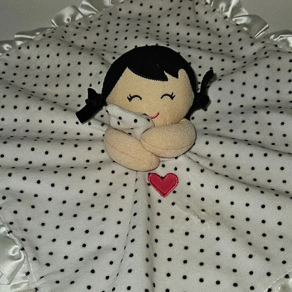 Carter's Baby Girl Doll Rattle Lovey Plush Black White Polka Dots Pink Heart